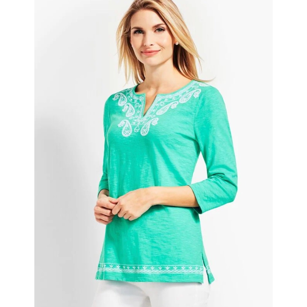 Talbots Womens Embroidered Split Neck Tunic Size M Boho Coastal Resortwear‎